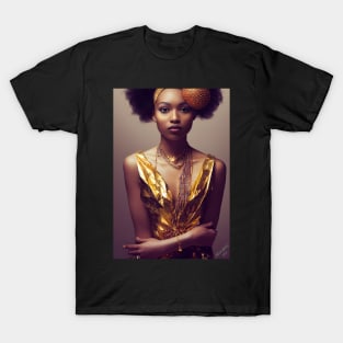 Beautiful Black Woman Wearing Unique Gold Dress T-Shirt